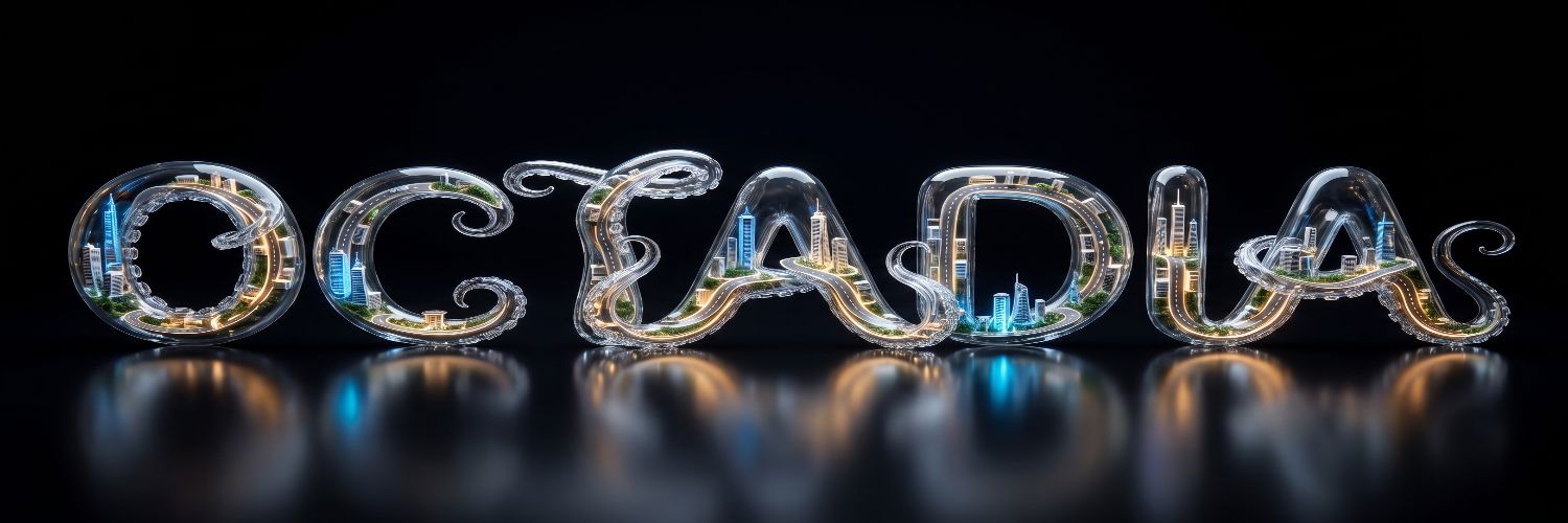 Glass octopus containing miniature futuristic city — OCTADIA mascot